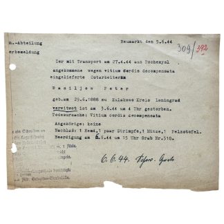 Original WWII German Death Document Ostarbeiter Forced Labourer Peter Wasiljew - Neumarkt 1944 - Pschemysl - Leningrad