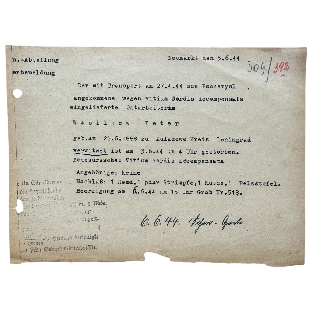 Original WWII German Death Document Ostarbeiter Forced Labourer Peter Wasiljew - Neumarkt 1944 - Pschemysl - Leningrad