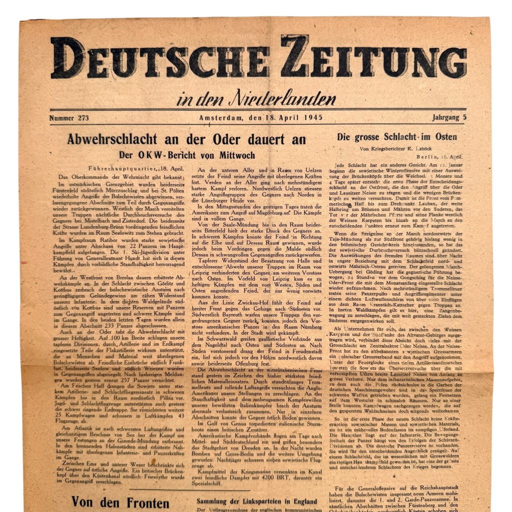 Original WWII German 'Deutsche Zeitung in den Niederlanden', published in Amsterdam on April 18, 1945