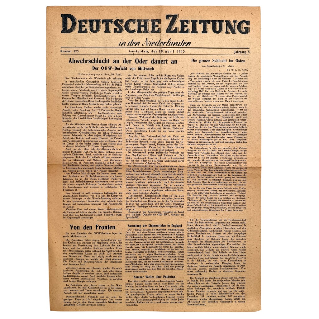 Original WWII German 'Deutsche Zeitung in den Niederlanden', published in Amsterdam on April 18, 1945.
