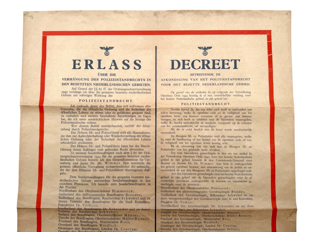 Originele WWII Duitse Nederlandse decreetposter politiestandrecht Seyss-Inquart 1 mei 1943 bezet Nederland Duitse bezetting K 983