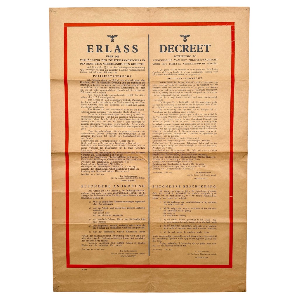 Originele WWII Duitse Nederlandse decreetposter politiestandrecht Seyss-Inquart 1 mei 1943 bezet Nederland Duitse bezetting K 983.