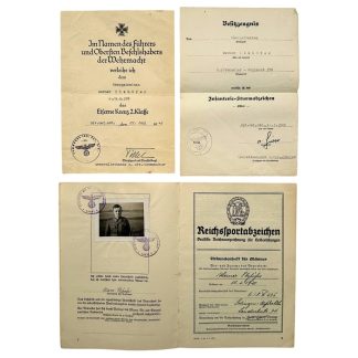 Original WWII German Grenadier Regiment 378 Document Group EK2, Infantry Assault Badge & Reich Sports Badge - Finland