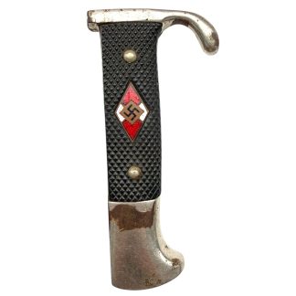 Original WWII German Hitler Youth HJ knife handle with diamond emblem, black chequered grips and metal crossguard for militaria collectors.