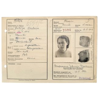 Original WWII German Kennkarte Barbara Jarosz Occupied Poland Krakau District 1944