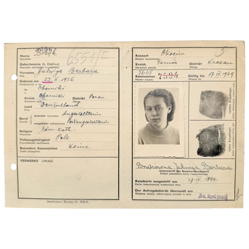 Original WWII German Kennkarte Barbara Jarosz Occupied Poland Krakau District 1944