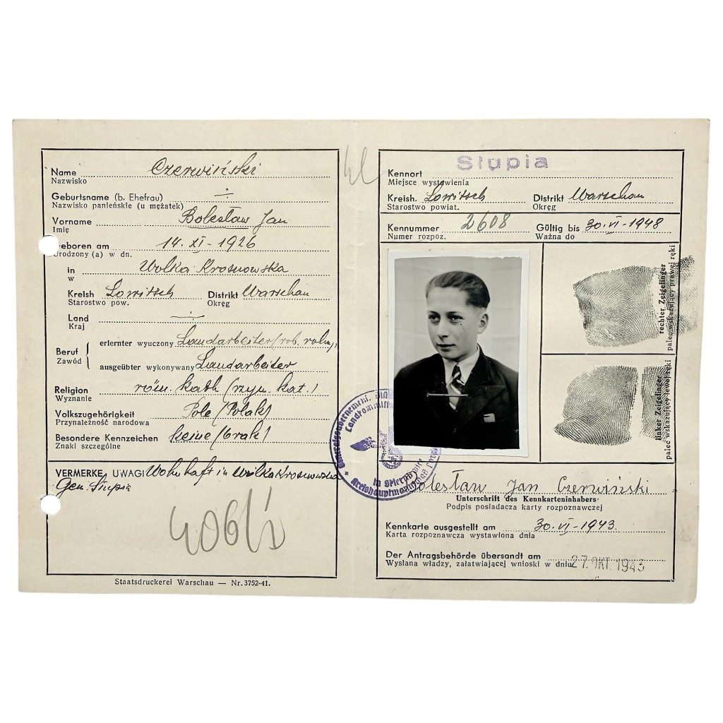 Original WWII German Kennkarte Bolesław Jan Czerwiński Siedlce Occupied Poland 1943