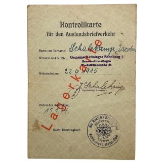 Original WWII German 'Kontrollkarte für den Auslandsbriefverkehr' issued to the Dutch national Jacobus Schalekamp - Gemeinschaftslager Sandberg - Sandberglager