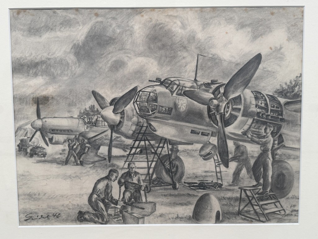 Original WWII German Luftwaffe Bomber Drawing 1942 Signed Aviation Artwork