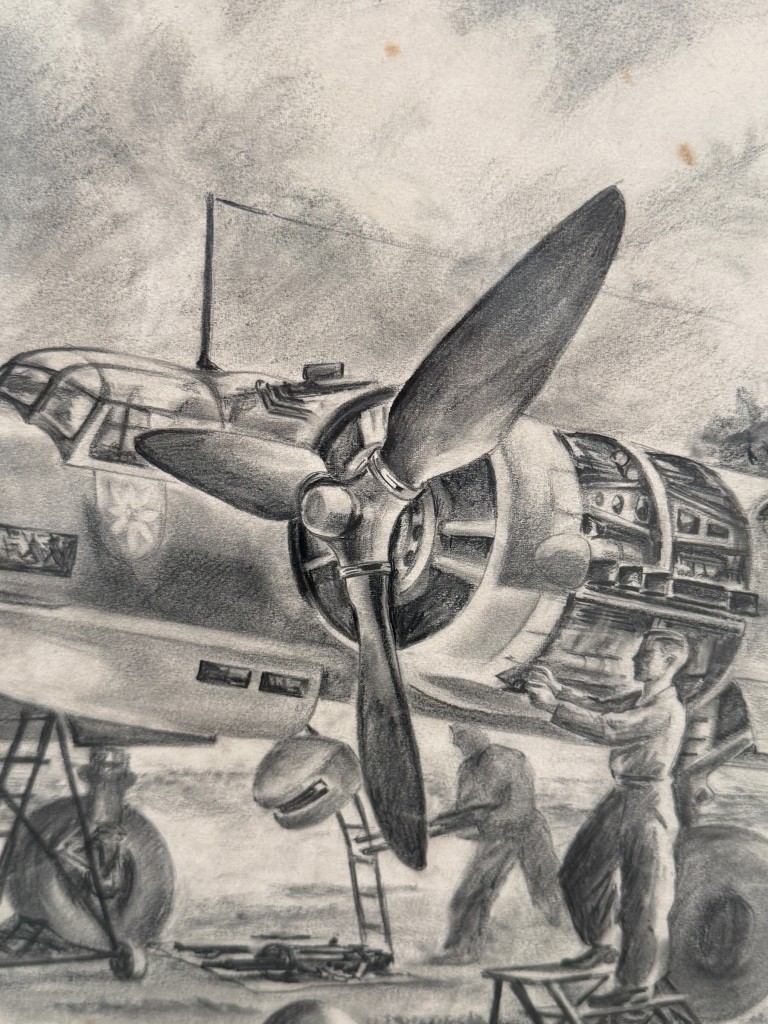 Original WWII German Luftwaffe Bomber Drawing 1942 Signed Aviation Artwork