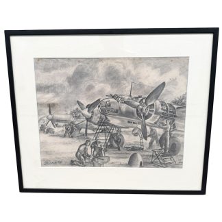 Original WWII German Luftwaffe drawing 1942 with Junkers Ju 88 and Junkers Ju 87 Stuka, ground crew, signed and newly framed aviation artwork