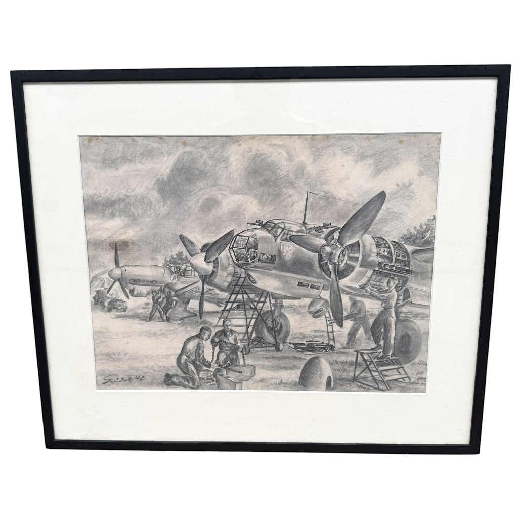 Original WWII German Luftwaffe drawing 1942 with Junkers Ju 88 and Junkers Ju 87 Stuka, ground crew, signed and newly framed aviation artwork