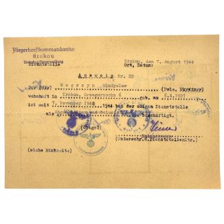Original WWII German Luftwaffe Ausweis Wladyslaw Wegrzyn Fliegerhorstkommandantur Krakau 1944 with German service stamps.