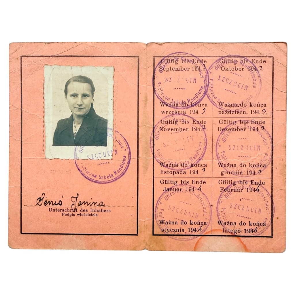 Original WWII German Occupied Poland School Ausweis Janina Sorus Szczucin 1943-1944