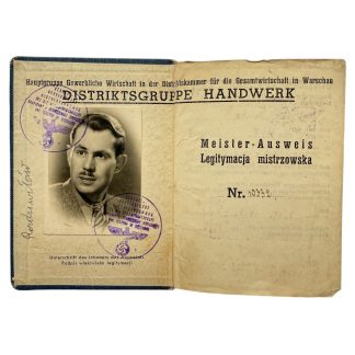 Original WWII German Meister-Ausweis 1943 Fryderyk Jasinski Distriktsgruppe Handwerk Warsaw occupied Poland General Government document.