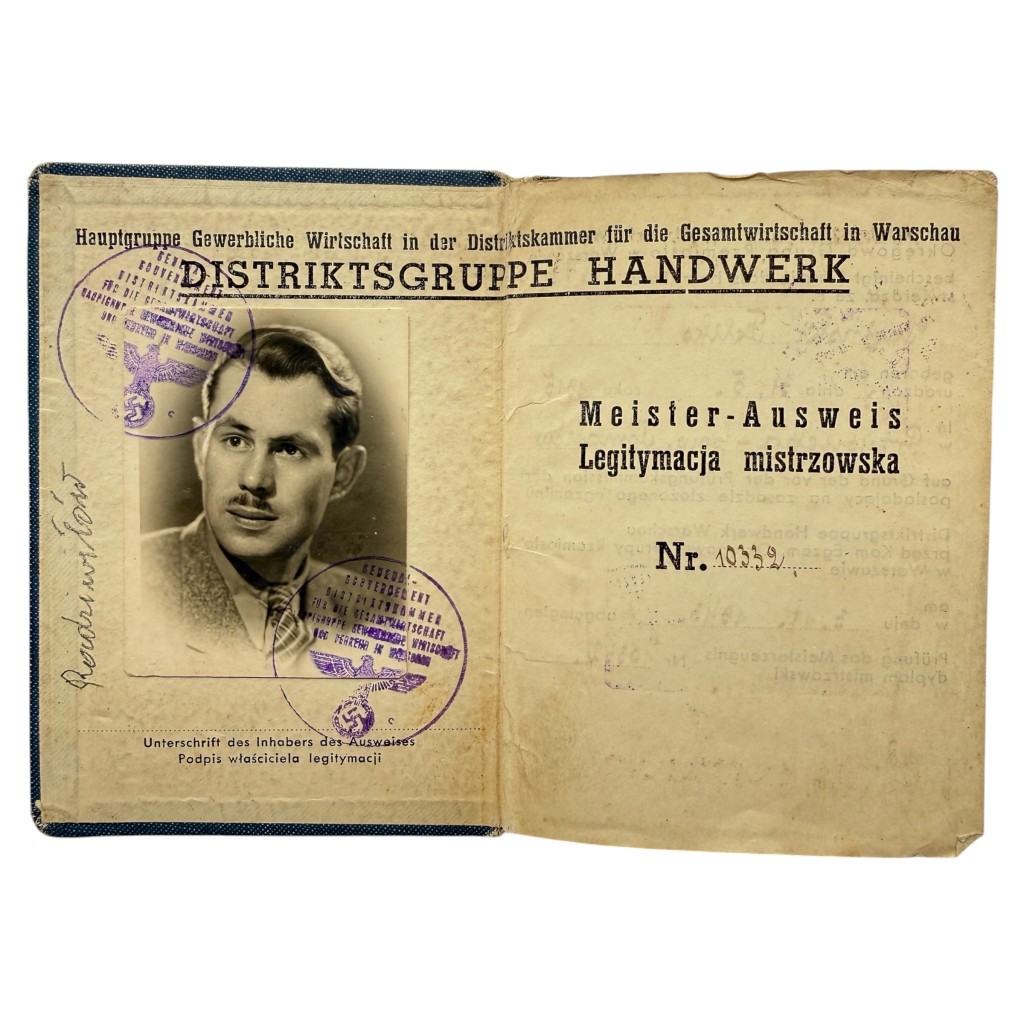 Original WWII German Meister-Ausweis 1943 Fryderyk Jasinski Distriktsgruppe Handwerk Warsaw occupied Poland General Government document.