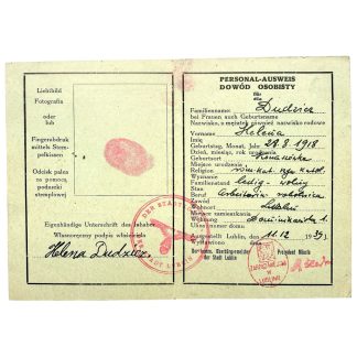 Original WWII German Personal-Ausweis Helena Dudzic Lublin 1939 occupied Poland with fingerprint, signature and German municipal stamps.
