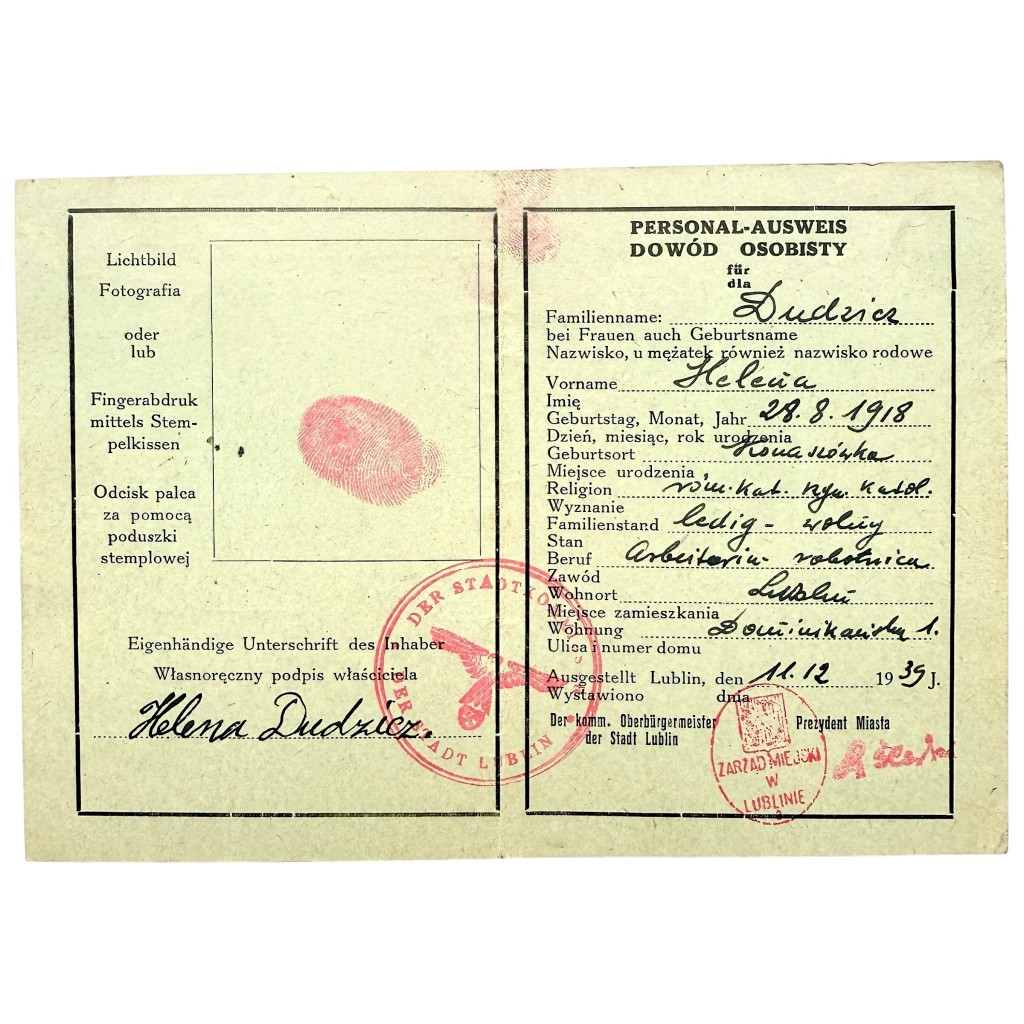 Original WWII German Personal-Ausweis Helena Dudzic Lublin 1939 occupied Poland with fingerprint, signature and German municipal stamps.
