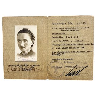 Original WWII German Personal-Ausweis Leokadia Tarka Lublin Staatsanwaltschaft 1943