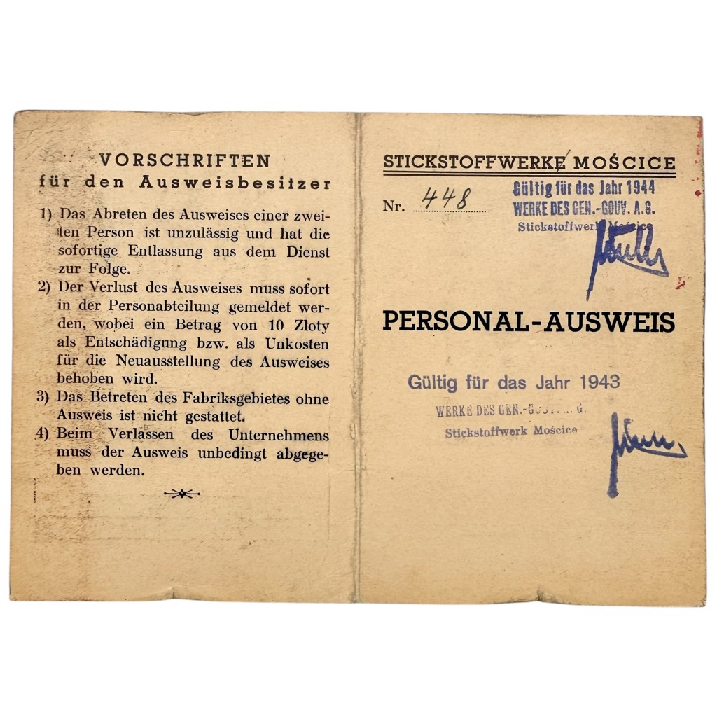Original WWII German Personal Ausweis Stickstoffwerke Mościce Occupied Poland 1941
