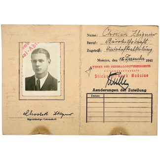 Original WWII German Personal Ausweis Zbigniew Chocink Stickstoffwerke Mościce occupied Poland General Government 1941 with photo and stamps.