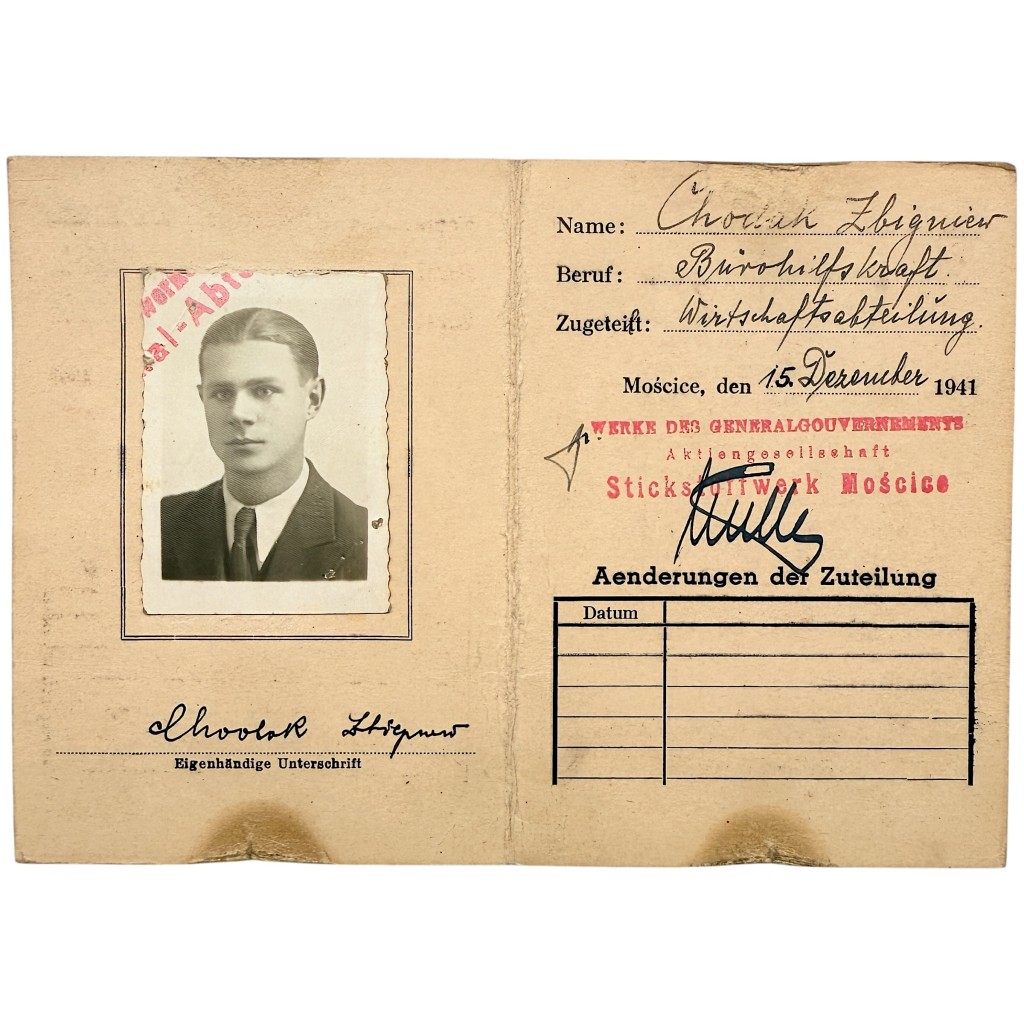 Original WWII German Personal Ausweis Zbigniew Chocink Stickstoffwerke Mościce occupied Poland General Government 1941 with photo and stamps.