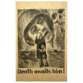 Original WWII German propaganda leaflet AW 50 'Death Awaits Him' aimed at American soldiers with skull imagery and German surrender propaganda.