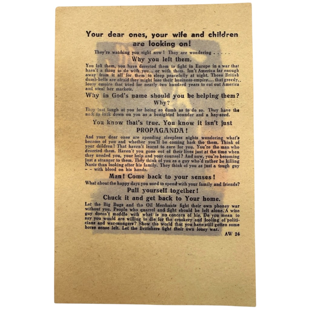 Original WWII German Propaganda Leaflet for American Soldiers 'All Aboard – Outward Bound'