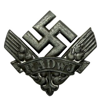 Original WWII German RADwJ Reichsarbeitsdienst der weiblichen Jugend pin with swastika and grain ears for German militaria collectors.