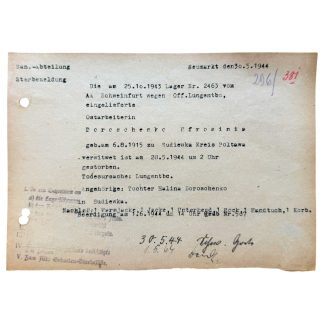 Original WWII German Sanitäter Abteilung Death Document Ostarbeiter Efrosinia Doroschenko Neumarkt - Schweinfurt - Sudiewka 1944