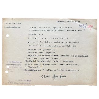 Original WWII German Sanitäter Abteilung Death Document Ostarbeiter Feodosia Zybakowa Neumarkt - Semki 1944