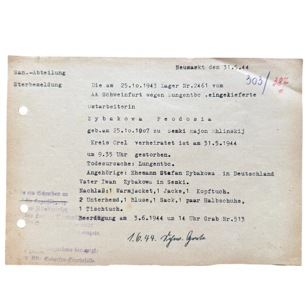 Original WWII German Sanitäter Abteilung Death Document Ostarbeiter Feodosia Zybakowa Neumarkt - Semki 1944