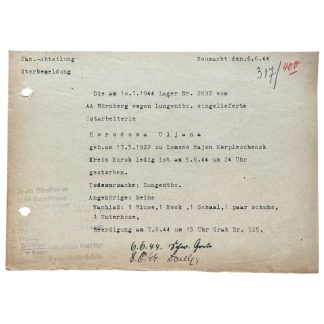 Original WWII German Sanitäter Abteilung death document Ostarbeiter Uljana Horodowa Neumarkt Arbeitsamt Nürnberg Lager 2692 Kursk grave 525.