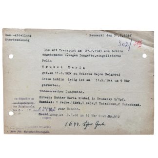 Original WWII German Sanitäter Abteilung Death Document Polish Ostarbeiter Maria Wrubel Neumarkt - Lublin - Wolkowa 1944