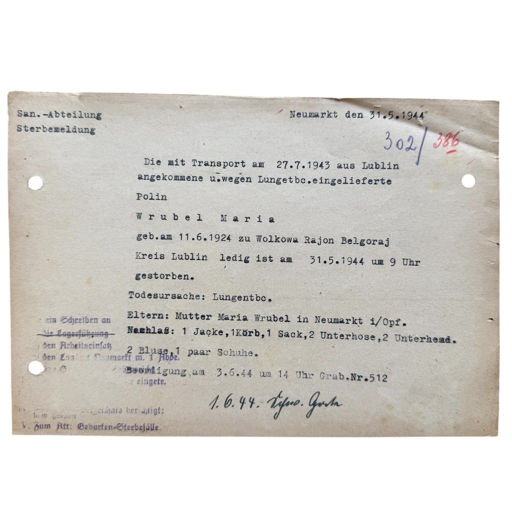 Original WWII German Sanitäter Abteilung Death Document Polish Ostarbeiter Maria Wrubel Neumarkt - Lublin - Wolkowa 1944