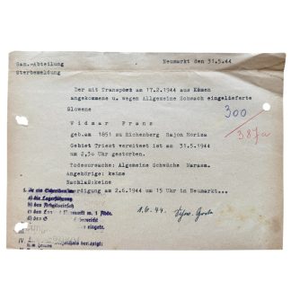 Original WWII German Sanitäter Abteilung Death Document Slovenian Forced Labourer Franz Widmar Neumarkt 1944