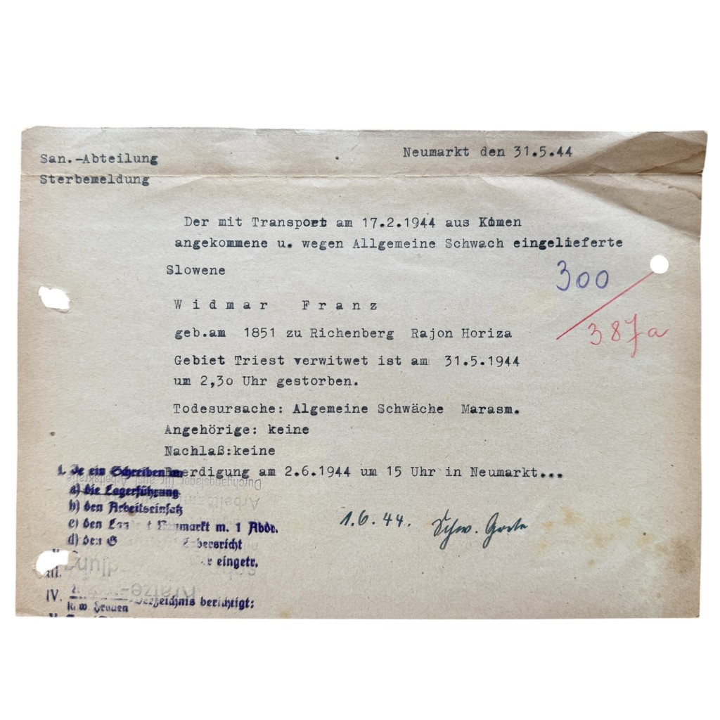 Original WWII German Sanitäter Abteilung Death Document Slovenian Forced Labourer Franz Widmar Neumarkt 1944