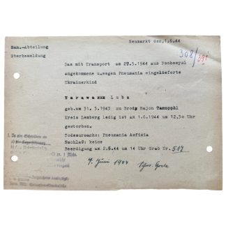 Original WWII German Sanitäter Abteilung Death Document Ukrainian Child Luba Warawa Neumarkt 1944
