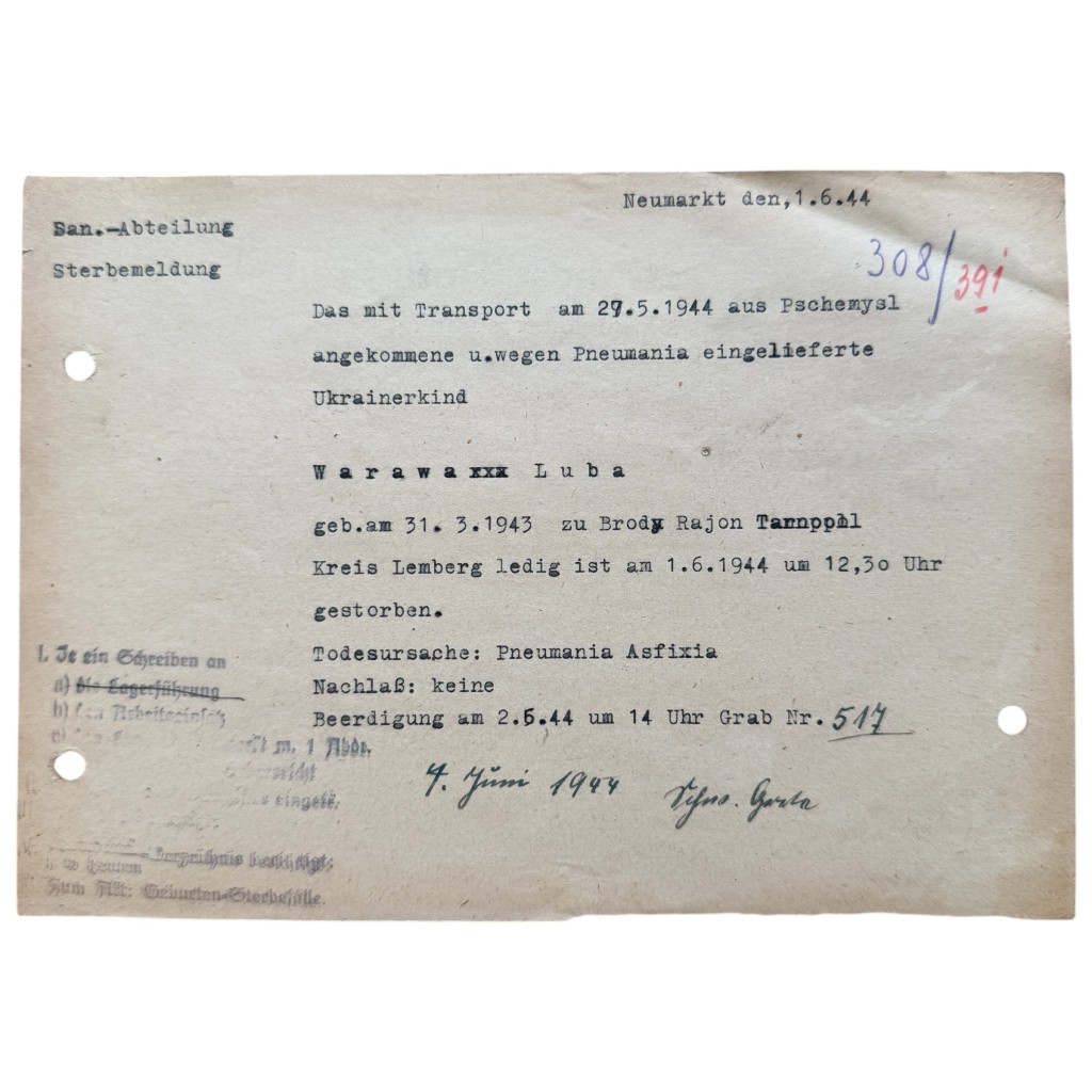 Original WWII German Sanitäter Abteilung Death Document Ukrainian Child Luba Warawa Neumarkt 1944
