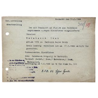 Original WWII German Sanitäter Abteilung death document Iwan Barabasch Ukrainian Ostarbeiter Neumarkt Pschemysl Markopil Brody grave 511
