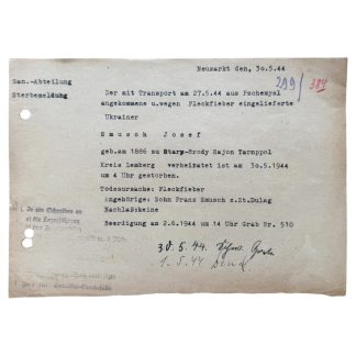 Original WWII German Sanitäter Abteilung Death Document Ukrainian Ostarbeiter Josef Smusch Neumarkt - Tarnopol 1944