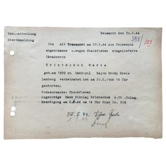 Original WWII German Sanitäter Abteilung Death Document Ukrainian Ostarbeiter Maria Grintschuk Neumarkt - Pschemysl - Markopil 1944