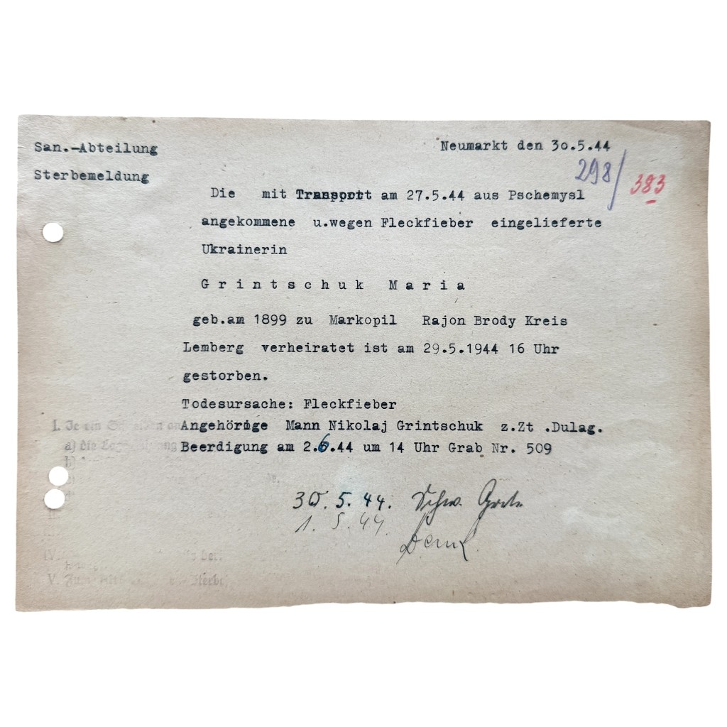 Original WWII German Sanitäter Abteilung Death Document Ukrainian Ostarbeiter Maria Grintschuk Neumarkt - Pschemysl - Markopil 1944