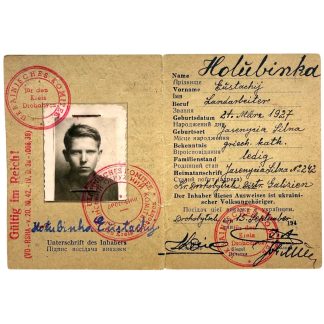 Original WWII Ukrainisches Hilfskomitee Drohobytsch Ausweis from Galicia, with portrait photograph, stamps and personal details from 1944.
