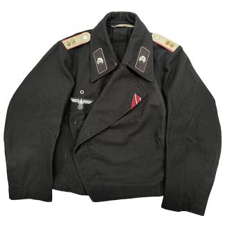 Original WWII German Wehrmacht Heer black Panzer wrap uniform tunic for a Leutnant of the Panzertruppe. Militaria uniform collectible.