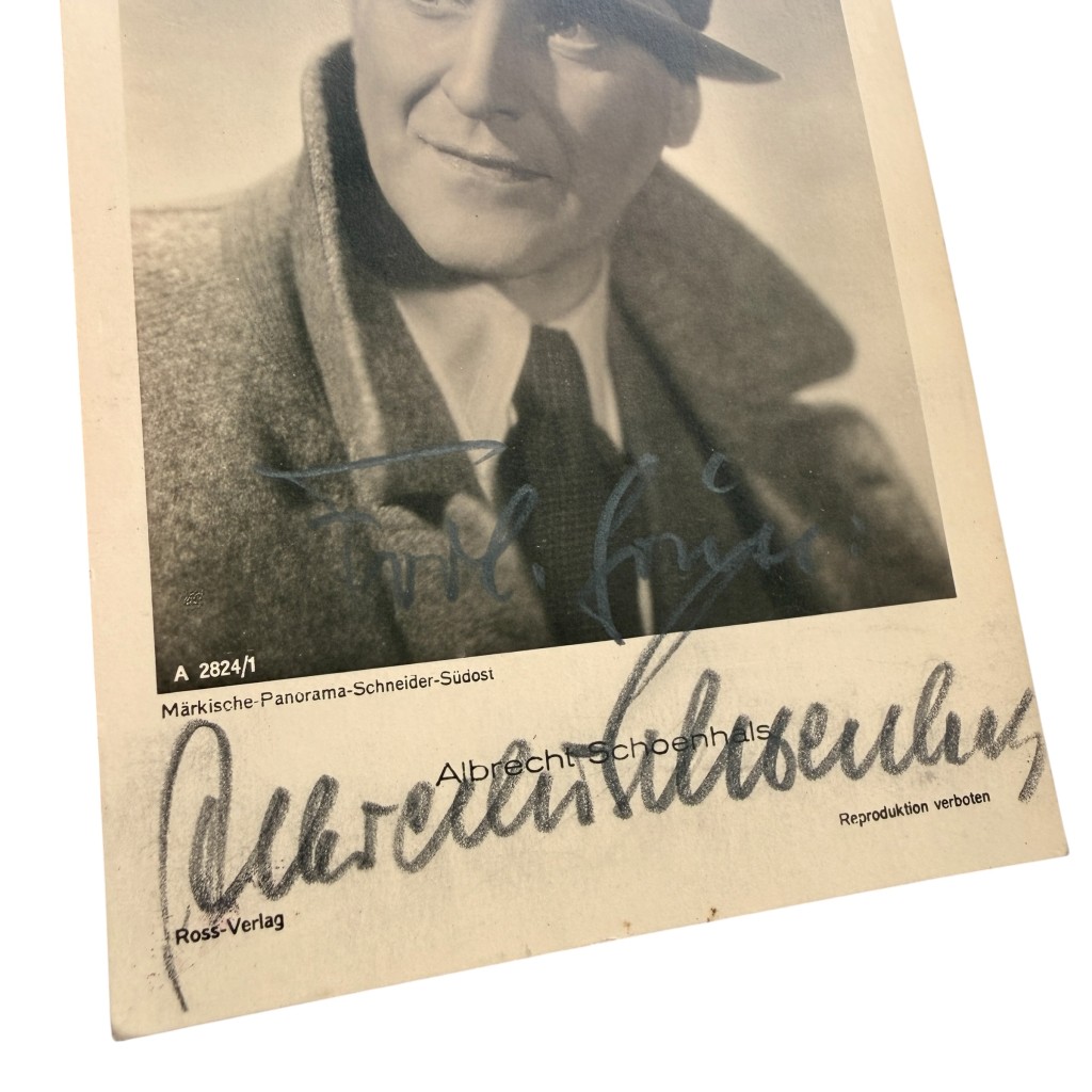 Original WWII German postcard from the Third Reich period featuring a portrait of well-known German actor Albrecht Schoenhals with autograph