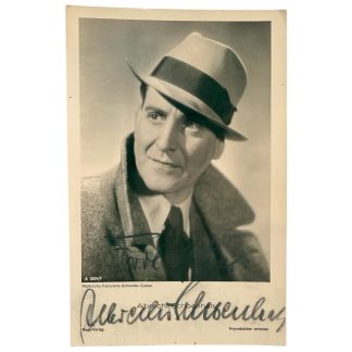 Original WWII German Albrecht Schoenhals signed postcard UFA actor Ross-Verlag Third Reich German cinema autograph militaria collectible.