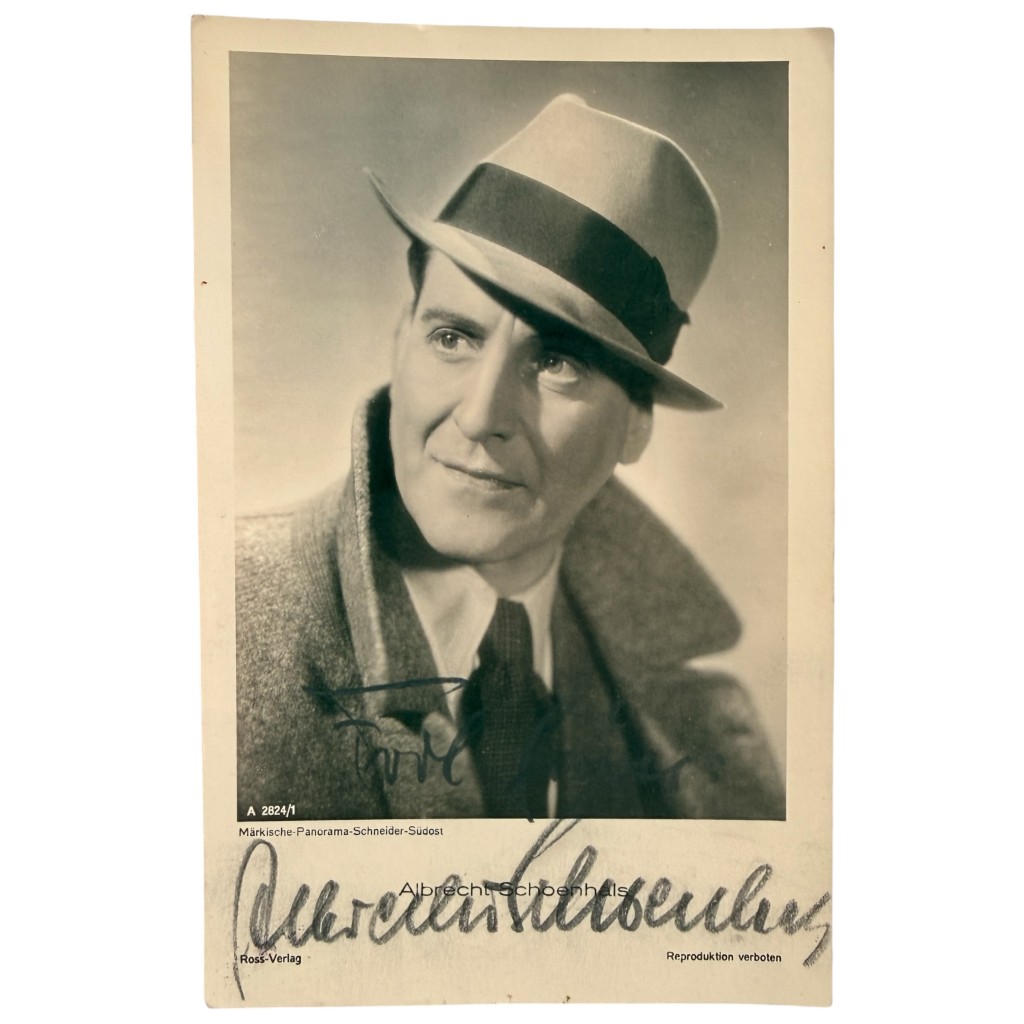 Original WWII German Albrecht Schoenhals signed postcard UFA actor Ross-Verlag Third Reich German cinema autograph militaria collectible.