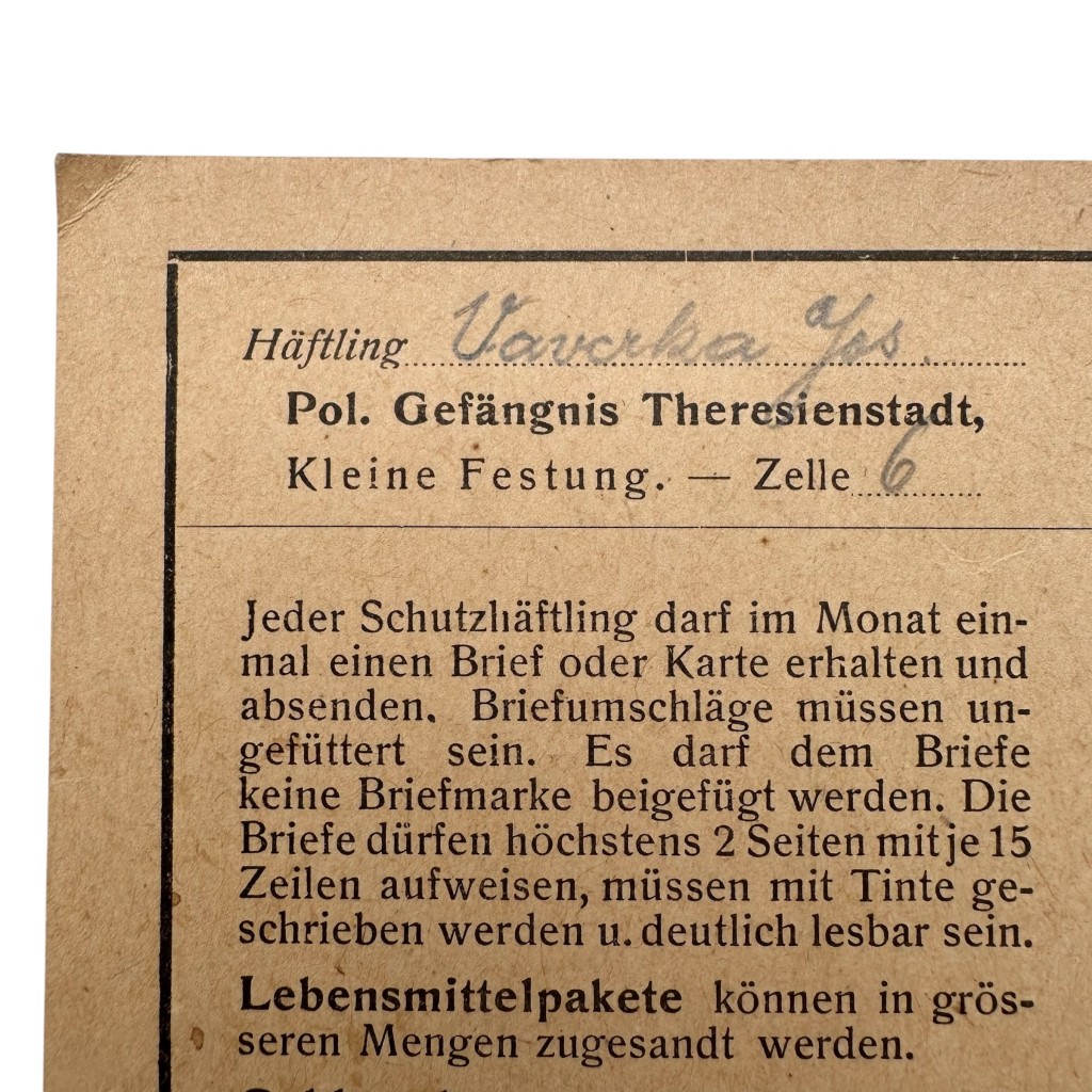 Original WWII German prisoner postcard from the Gestapo prison located in the Small Fortress of Theresienstadt
