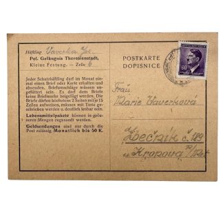 Original 1944 Theresienstadt Gestapo prison postcard from the Small Fortress. Rare Holocaust document with Hitler postage stamp.